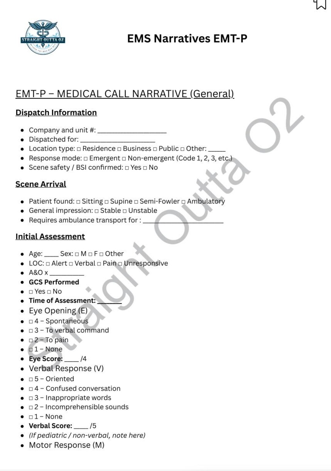 Fillable PDF for Paramedic PCR Narratives - Etsy