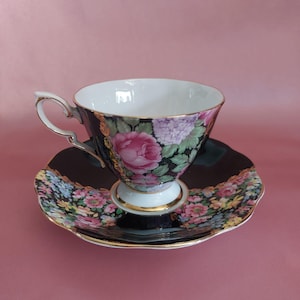 Vintage Royal Standard Tea Cup & Saucer – Black Floral Bone China England – Gold Trim