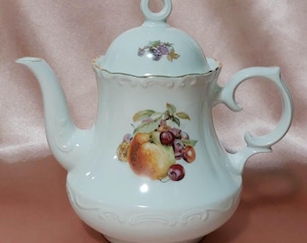 Vintage Schumann Arzberg Bavaria Porcelain Teapot/Coffee pot, Elegant Floral Fruit Design Gold Trim