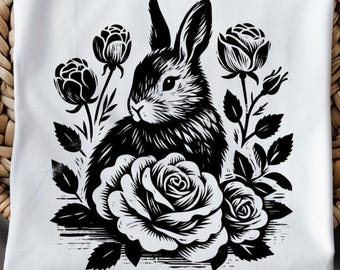 Floral Rabbit Linocut T-shirt in Cottagecore Vintage Style