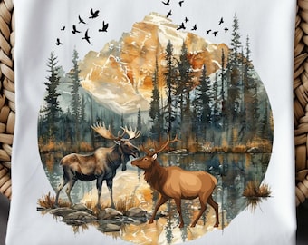 Maglietta retrò con motivo alce e fauna selvatica, girocollo vintage anni '90, abbigliamento unisex Boho Cabincore.