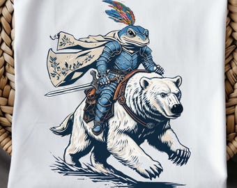 Medieval Frog on Bear T-Shirt, Unhinged Weirdcore & Goblincore Linocut, Funny Meme Shirt.