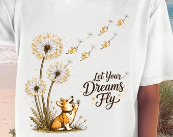 Shirt Corgi Fly Dandelion, Comfort Colors T-shirt, voor hondenliefhebbers.