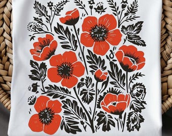 Cottagecore Wildflowers T-Shirt,Comfort Colors® Poppies Linocut Design.