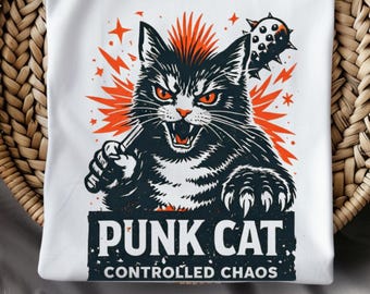 Atomic Punk Cat Controlled Chaos T-shirt, comfortkleuren vintage grafisch shirt.