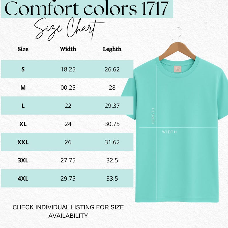 Puede incluir: Una camiseta turquesa claro Comfort Colors 1717 colgada en una percha de madera. La imagen incluye una tabla de tallas con medidas en cm para las tallas S a 4XL. El texto "Size Chart" est&aacute; en la parte superior.