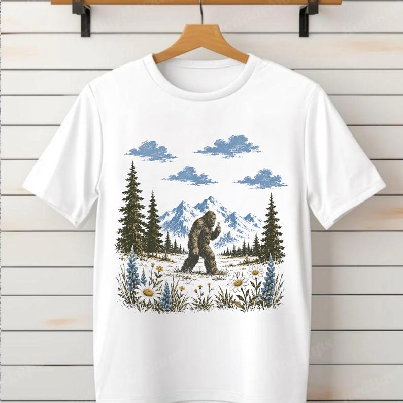 Bigfoot Wildflower Shirt, Sasquatch Mountain Tee, Forest Lover Gift, Cryptid Nature Top. image 4