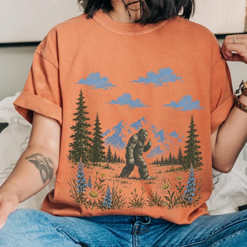 Bigfoot Wildflower Shirt, Sasquatch Mountain Tee, Forest Lover Gift, Cryptid Nature Top. image 10