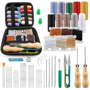 Kit de costura de cuero de 59 piezas, agujas para coser a mano, kit de reparación de tapicería de alta resistencia, hilo encerado, agujas de coser de ojo grande.