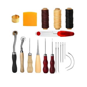 19Pcs Leather Sewing Tools, Leather Craft Tool Kit with Hand Sewing Needles Drilling Awl Waxed Thread and Thimble Curved Repair Kit for