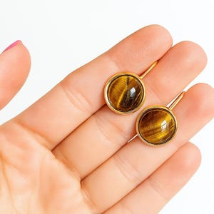 Natural Tiger’s Eye, Earrings with Semi-Precious Stone, 18K Gold Plating, Handmade