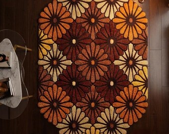 Tappeto in lana con motivo floreale retrò, tappeto a margherite trapuntato a mano, tappeto in stile boho anni '70, decorazione per camera da letto arancione e marrone.