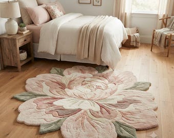 Handgetufteter Wollteppich mit zartrosa Blumenmuster | Weicher Teppich in Blütenform | Elfenbein, 180 x 180 cm (6 x 6 Fuß) | Schlafzimmer