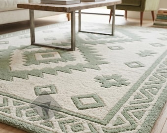Alfombra de lana tejida a mano color verde salvia, alfombra moderna de estilo azteca, alfombra geométrica color marfil, alfombra de estilo suroeste, alfombra de tamaño personalizado.