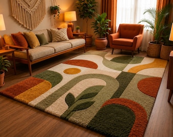 Handgetufteter Wollteppich, moderner abstrakter geometrischer Teppich, Wohnzimmerteppich im Mid-Century-Stil, salbeigrüner Terrakotta-Teppich, Sonderanfertigungen möglich