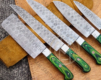 Handmade Damascus Chef Knife Set, Kitchen Knives, Leather Roll
