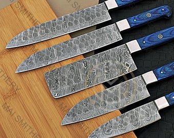 Damascus Kitchen Knife Set – 5-Piece Chef Knives, Wood Handle