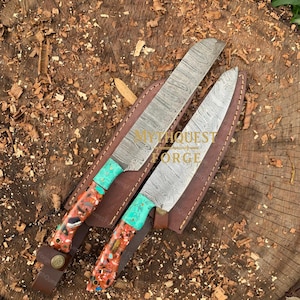 Handmade Chef Knife Pair Damascus Knife with Turquoise Resin Handle Elegant Anniversary Gift Damascus Knife Wife Gift For Her