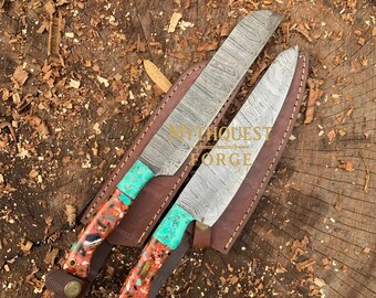 Handmade Damascus Chef Knife Pair, Turquoise Resin & Rosewood Handle