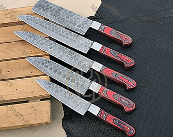 Damascus Chef Knife Set – Handmade Kitchen Knives, 5-Piece