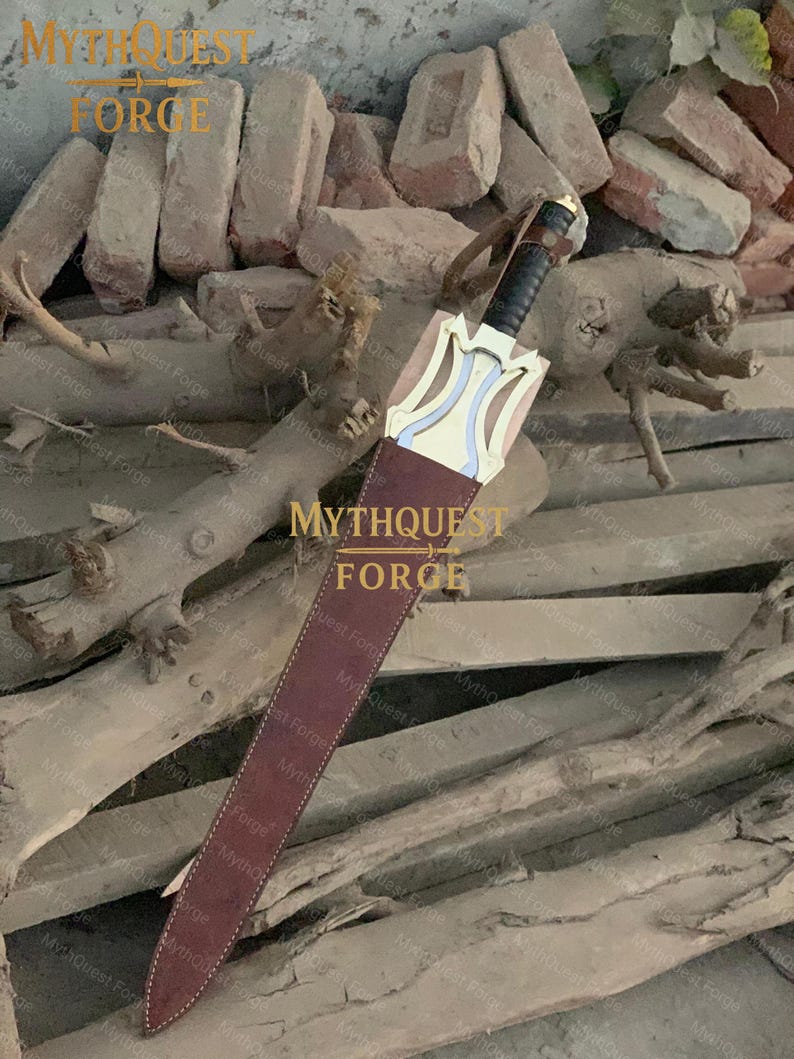 May include: A sword with a brown leather sheath. The sword has a black handle and a gold-colored crossguard with blue and white accents. The sheath is a dark brown color and has a leather strap.