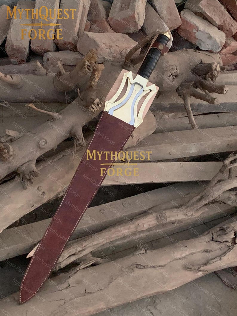 May include: A sword with a gold-colored hilt and a black handle is partially sheathed in a brown leather scabbard. The sword's design includes a light blue accent. The scabbard is stitched with white thread. The text "MYTHQUEST FORGE" is visible.