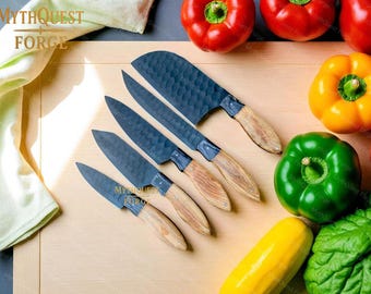 Handmade Damascus Chef Knife Set, 5 Piece, Leather Roll