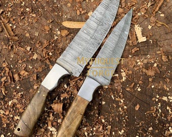 Handmade Damascus Chef Knife Pair, Rosewood Handle, Elegant Kitchen Knives