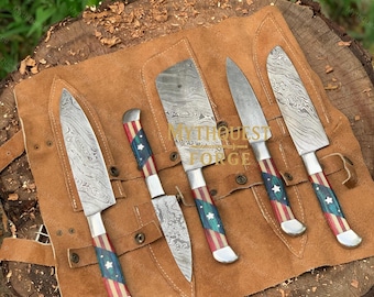 Handmade Damascus Chef Knife Set, Forged Paring Knife, Leather Roll