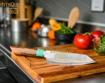 Handmade Copper Damascus Chef Knife, Turquoise Rosewood Handle
