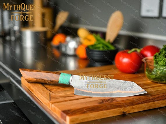 Handmade Copper Damascus Chef Knife, Turquoise Rosewood Handle
