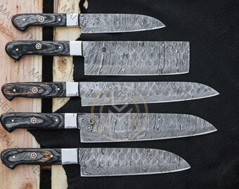 Hand Forged Damascus Chef Knife Set, Handmade Kitchen Knives, Leather Roll