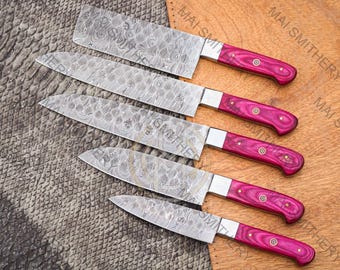 Hand Forged Damascus Chef Knife Set, 5 Piece, Leather Roll