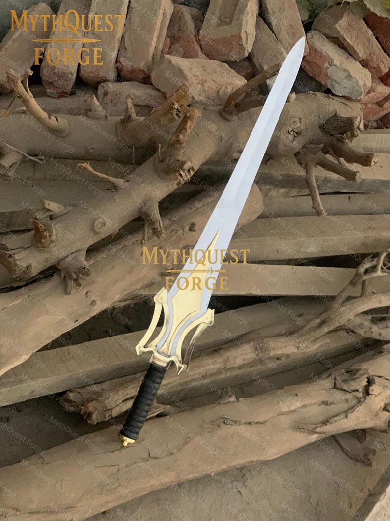 May include: A silver sword with a gold and silver hilt and a black handle. The sword is displayed on a background of wood and bricks. The text "MYTHQUEST FORGE" is visible in the image.