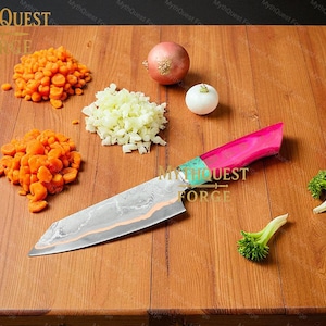 Copper Handmade Chef Knife Copper Damascus Knife with Turquoise Pink wood Handle Elegant Anniversary Gift Copper Knife Wedding Gift For Her