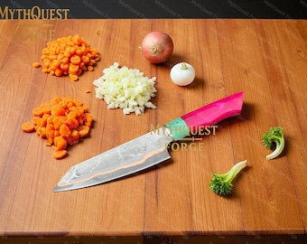 Handmade Copper Damascus Chef Knife, Turquoise & Pink Wood Handle