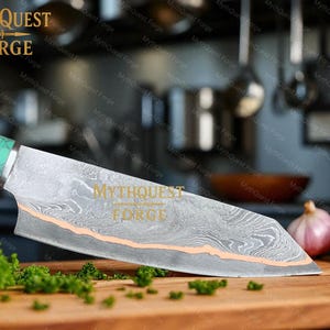 May include: A Damascus steel chef's knife with a wooden handle and a turquoise accent. The blade has a unique pattern and the text "MYTHQUEST FORGE" is visible. The knife rests on a wooden cutting board with herbs and vegetables.