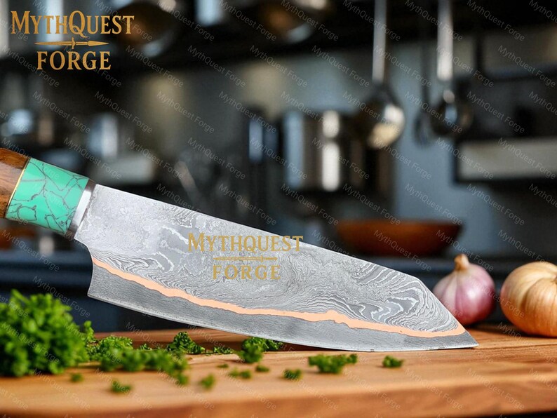 May include: A Damascus steel chef's knife with a wooden handle and a turquoise accent. The blade has a unique pattern and the text "MYTHQUEST FORGE" is visible. The knife rests on a wooden cutting board with herbs and vegetables.