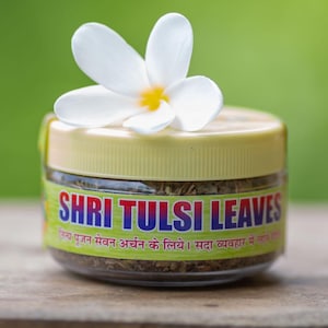 Puede incluir: Un pequeño frasco de Shri Tulsi Leaves con tapa amarilla y etiqueta con texto en inglés y otro idioma. Una flor blanca con centro amarillo encima del frasco. El frasco está sobre una superficie de madera sobre un fondo verde borroso.