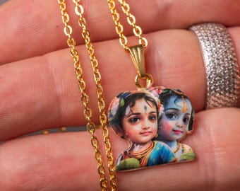 Krishna Radha Pendant Necklace – Gold Tone Devotional Jewelry for Daily Wear