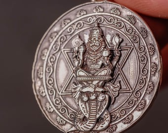 Sterling Silver Nrisimhadev Yantra Coin Pendant: Divine Protection