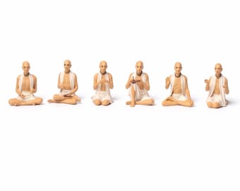 Sex Goswami Vrindavan-set med ask, Vaishnava-statyer, resealtareset, ISKCON-gåva