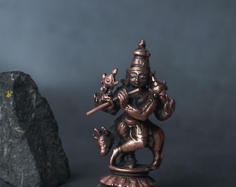 Small Copper Krishna Murti with Flute - Hare Krishna Idol