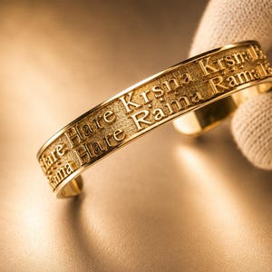 Puede incluir: Una pulsera de puño dorada con el texto grabado "Hare Krsna Hare Krsna Krsna Krsna Hare Hare Hare Rama Hare Rama Rama Rama Hare Hare". La pulsera está sujeta por una mano enguantada y se encuentra sobre una superficie reflectante.