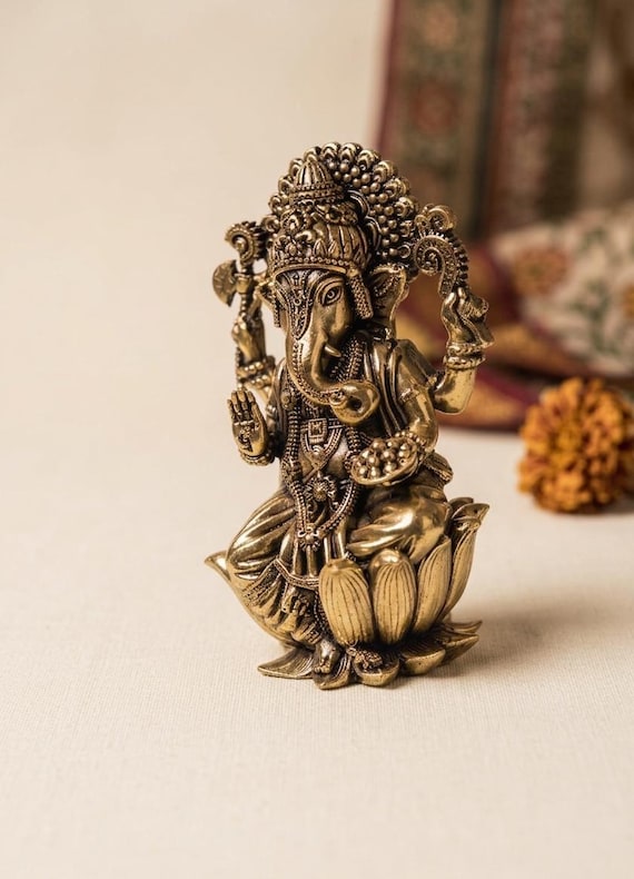 Brass Ganesha Statue 4 Inch, Ganesh Murti, Hindu Altar Decor