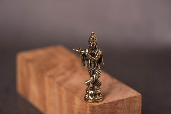 Mini Lord Krishna Brass Statue | 1.5 Inch Flute-Playing Krishna Murti | Hindu Home Temple Decor