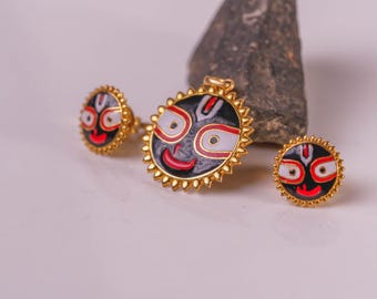 Sterling Silver Jagannath Pendant & Earrings Set: Handmade Hare Krishna Jewelry