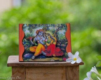 Radha Krishna Wooden Stand: Hindu Home Temple Decor (7x5.5")