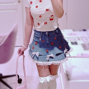 Handmade Strawberry Cottagecore Outfit: Lace Trim Y2K Fairy Kei