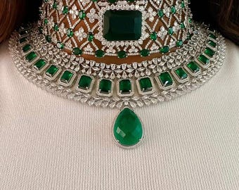 Gargantilla verde esmeralda con diamantes americanos, joyería nupcial de Bollywood